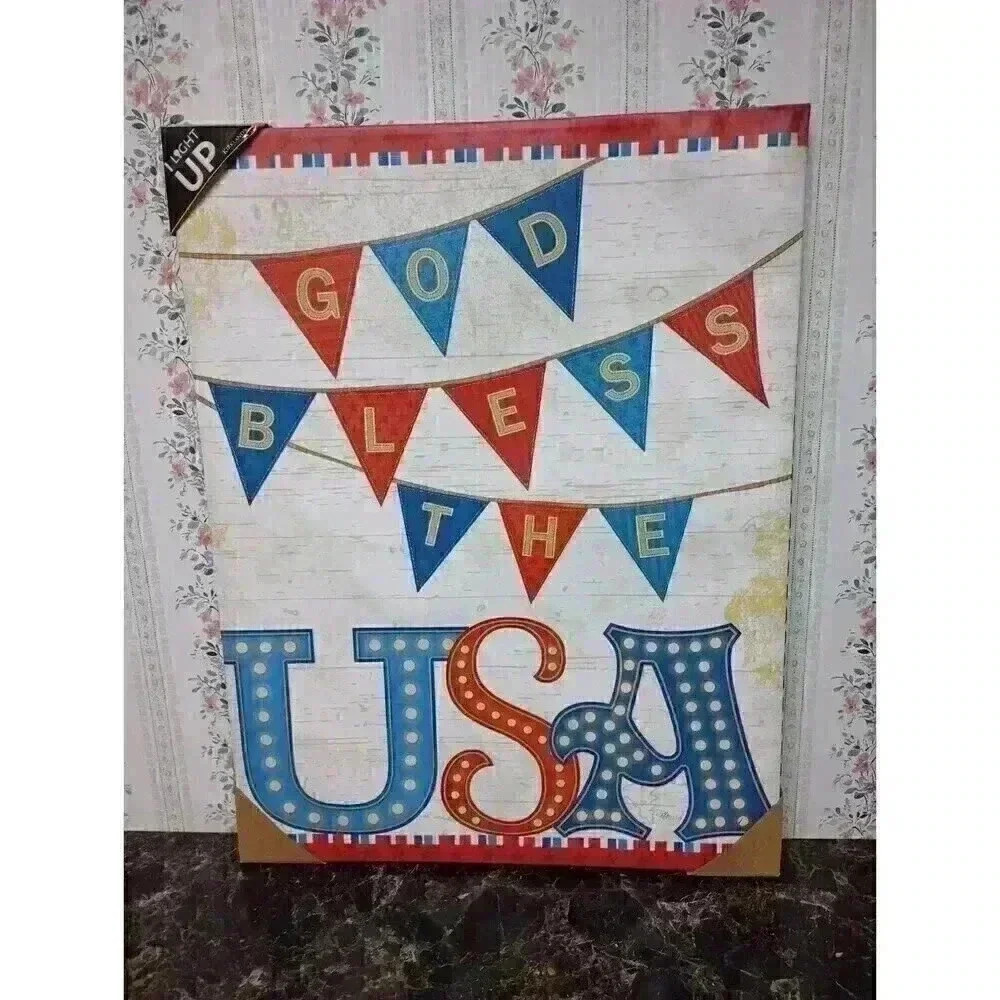Kirkland's Light Up Poster Sign God Bless The USA Red White Blue Wall Hanging